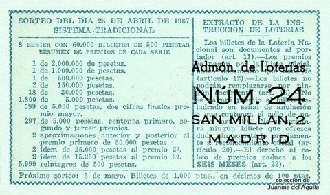 Reverso décimo de Lotería 1967 / 12