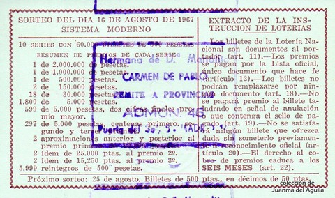 Reverso décimo de Lotería 1967 / 23