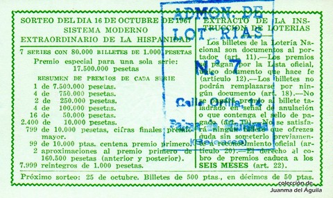 Reverso décimo de Lotería 1967 / 29