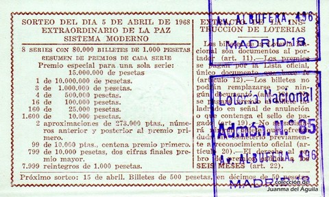 Reverso décimo de Lotería 1968 / 10