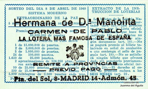 Reverso décimo de Lotería 1969 / 10