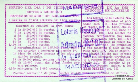 Reverso décimo de Lotería 1969 / 19