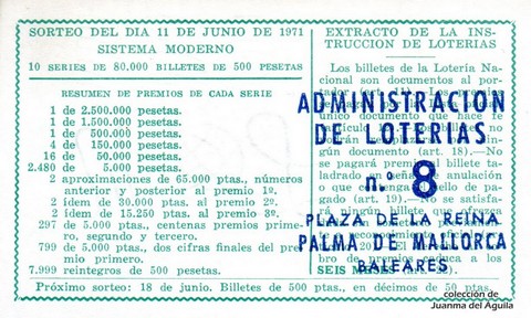 Reverso décimo de Lotería 1971 / 18