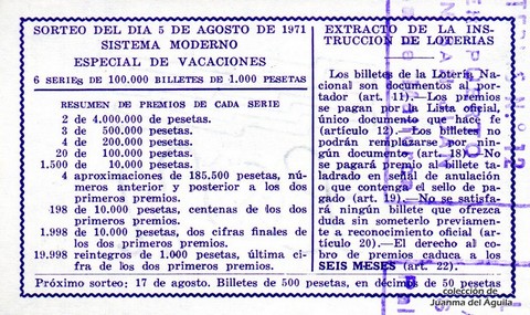 Reverso décimo de Lotería 1971 / 24