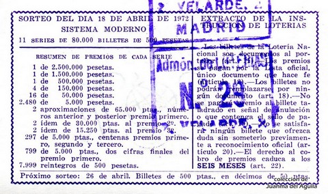 Reverso décimo de Lotería 1972 / 12