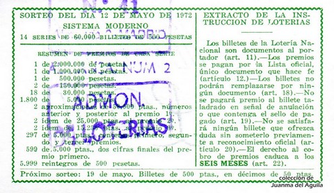 Reverso décimo de Lotería 1972 / 15