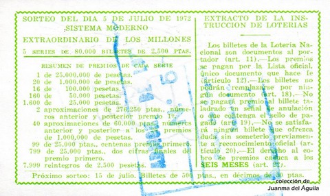 Reverso décimo de Lotería 1972 / 22