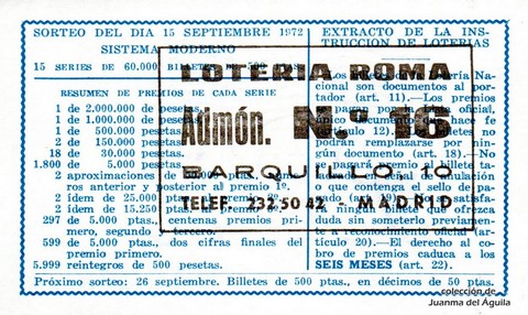 Reverso décimo de Lotería 1972 / 29