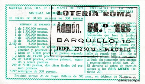 Reverso décimo de Lotería 1973 / 16