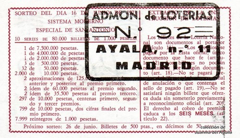 Reverso décimo de Lotería 1973 / 19