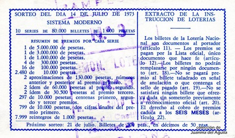 Reverso décimo de Lotería 1973 / 22