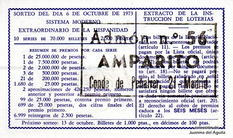 Reverso décimo de Lotería 1973 / 31