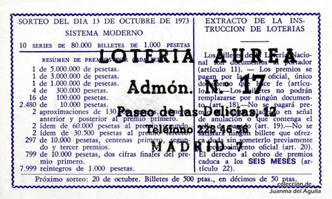 Reverso décimo de Lotería 1973 / 32