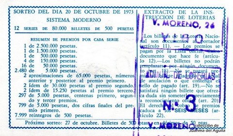 Reverso décimo de Lotería 1973 / 33