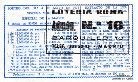 Reverso décimo de Lotería 1974 / 16