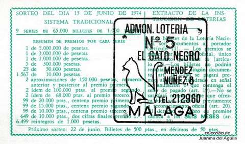 Reverso décimo de Lotería 1974 / 22