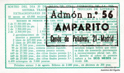 Reverso décimo de Lotería 1974 / 26