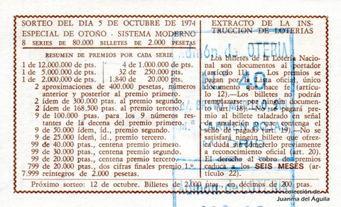 Reverso décimo de Lotería 1974 / 35