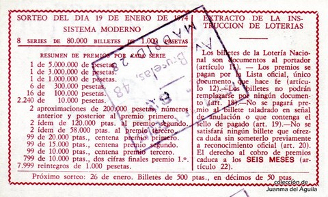 Reverso décimo de Lotería 1974 / 3