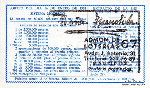 Reverso décimo de Lotería 1974 / 4