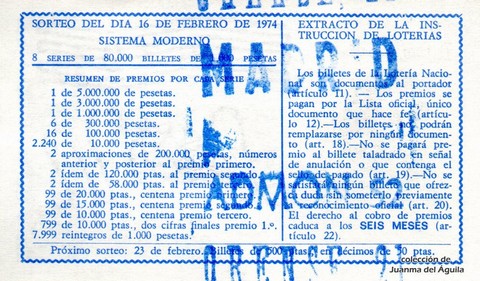 Reverso décimo de Lotería 1974 / 7