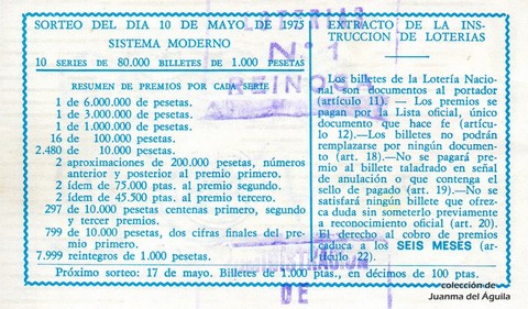 Reverso décimo de Lotería 1975 / 18