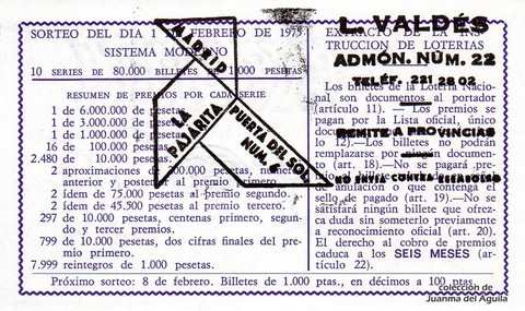 Reverso décimo de Lotería 1975 / 5