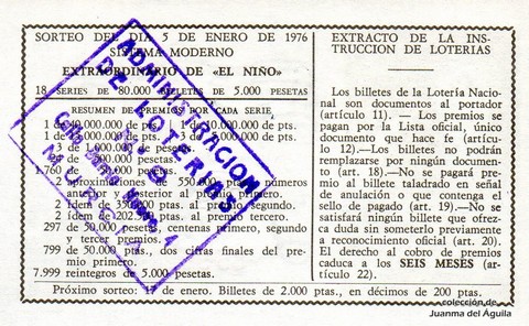 Reverso décimo de Lotería 1976 / 1