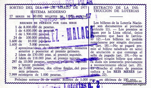 Reverso décimo de Lotería 1977 / 11