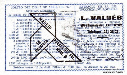 Reverso décimo de Lotería 1977 / 13