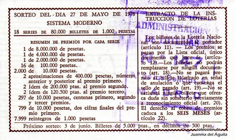 Reverso décimo de Lotería 1978 / 20