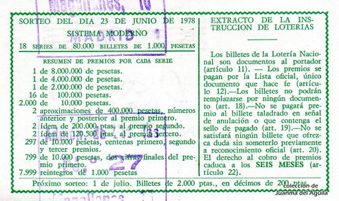 Reverso décimo de Lotería 1978 / 24