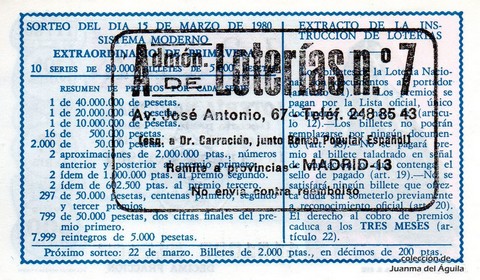 Reverso décimo de Lotería 1980 / 11