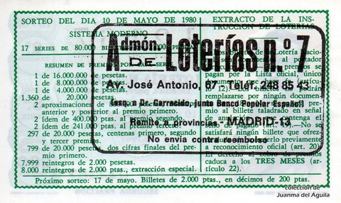 Reverso décimo de Lotería 1980 / 18