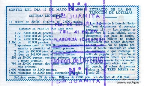 Reverso décimo de Lotería 1980 / 19