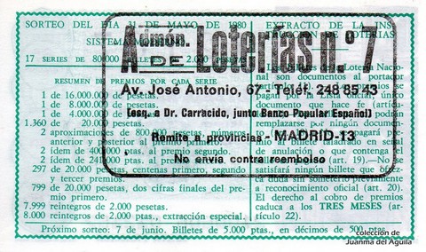 Reverso décimo de Lotería 1980 / 21