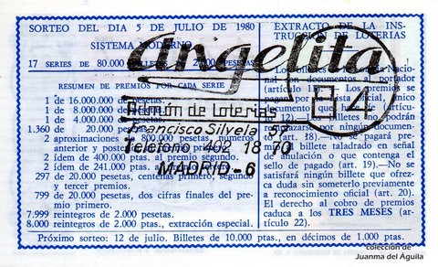 Reverso décimo de Lotería 1980 / 26