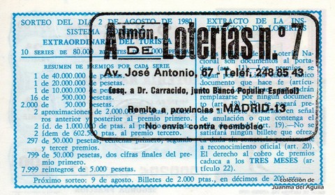 Reverso décimo de Lotería 1980 / 30