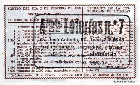 Reverso décimo de Lotería 1980 / 5