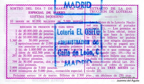 Reverso décimo de Lotería 1981 / 10