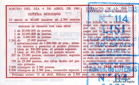 Reverso décimo de Lotería 1981 / 14