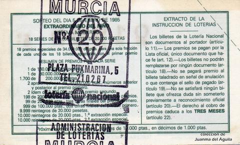 Reverso décimo de Lotería 1985 / 1