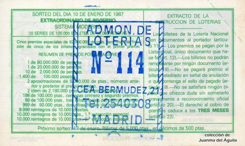 Reverso décimo de Lotería 1987 / 2