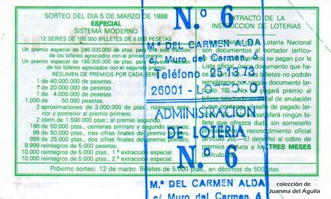 Reverso décimo de Lotería 1988 / 10