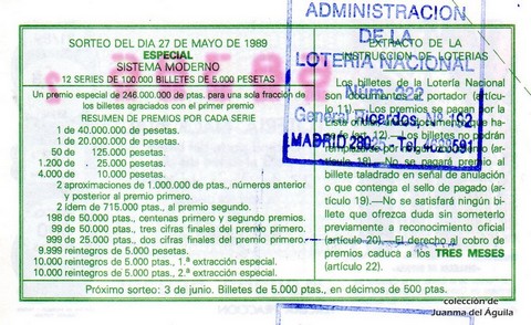 Reverso décimo de Lotería 1989 / 21