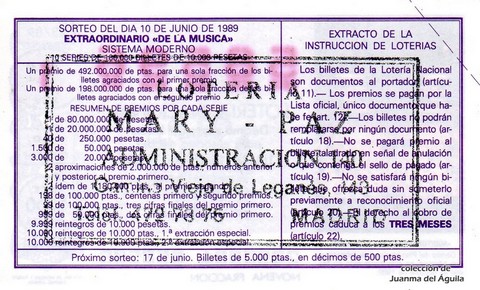 Reverso décimo de Lotería 1989 / 23