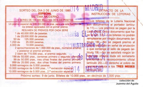 Reverso décimo de Lotería 1990 / 22