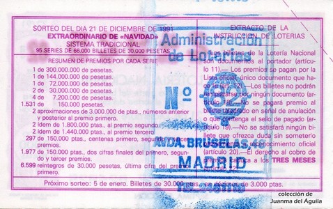 Reverso décimo de Lotería 1991 / 72