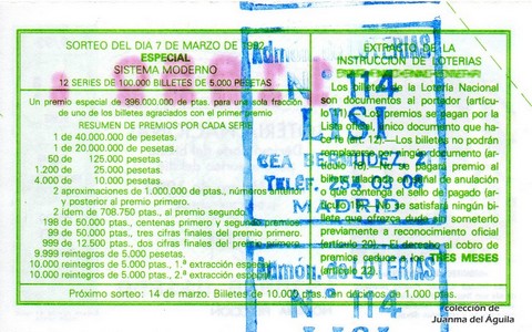 Reverso décimo de Lotería 1992 / 19