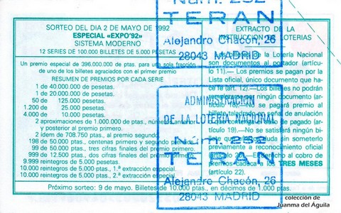 Reverso décimo de Lotería 1992 / 35